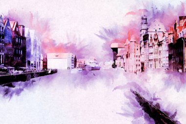 Polonya 'daki Gdansk şehrinin mimarisinin güzel bir görüntüsünün suluboya çizimi veya çizimi