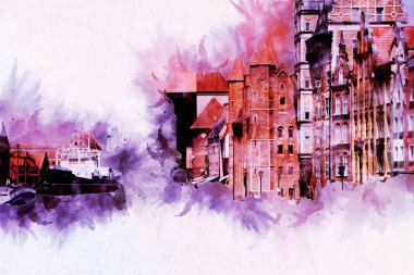 Polonya 'daki Gdansk şehrinin mimarisinin güzel bir görüntüsünün suluboya çizimi veya çizimi