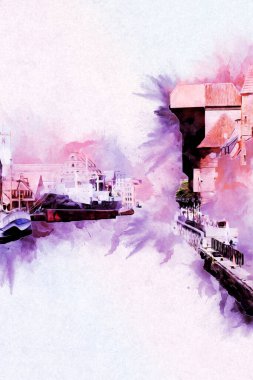 Polonya 'daki Gdansk şehrinin mimarisinin güzel bir görüntüsünün suluboya çizimi veya çizimi