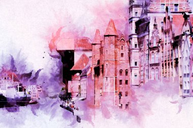 Polonya 'daki Gdansk şehrinin mimarisinin güzel bir görüntüsünün suluboya çizimi veya çizimi