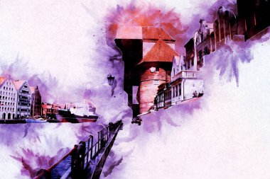 Polonya 'daki Gdansk şehrinin mimarisinin güzel bir görüntüsünün suluboya çizimi veya çizimi