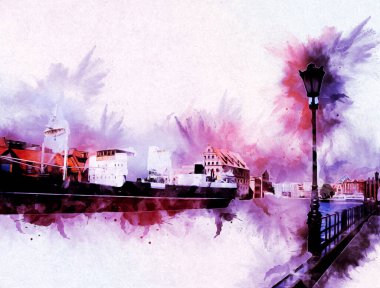 Polonya 'daki Gdansk şehrinin mimarisinin güzel bir görüntüsünün suluboya çizimi veya çizimi