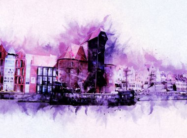 Polonya 'daki Gdansk şehrinin mimarisinin güzel bir görüntüsünün suluboya çizimi veya çizimi