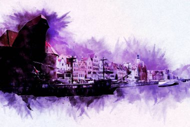 Polonya 'daki Gdansk şehrinin mimarisinin güzel bir görüntüsünün suluboya çizimi veya çizimi