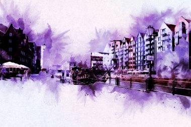 Polonya 'daki Gdansk şehrinin mimarisinin güzel bir görüntüsünün suluboya çizimi veya çizimi