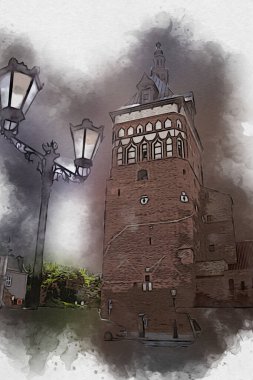 Polonya 'daki Gdansk şehrinin mimarisinin güzel bir görüntüsünün suluboya çizimi veya çizimi