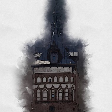 Polonya 'daki Gdansk şehrinin mimarisinin güzel bir görüntüsünün suluboya çizimi veya çizimi