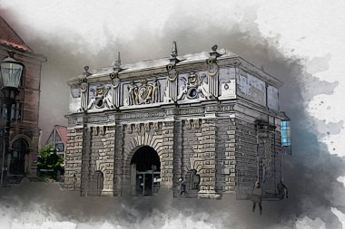 Polonya 'daki Gdansk şehrinin mimarisinin güzel bir görüntüsünün suluboya çizimi veya çizimi