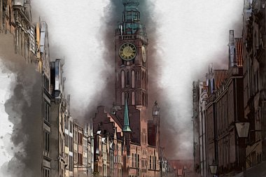 Polonya 'daki Gdansk şehrinin mimarisinin güzel bir görüntüsünün suluboya çizimi veya çizimi