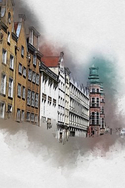 Polonya 'daki Gdansk şehrinin mimarisinin güzel bir görüntüsünün suluboya çizimi veya çizimi