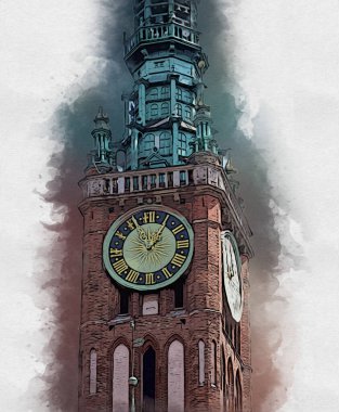 Polonya 'daki Gdansk şehrinin mimarisinin güzel bir görüntüsünün suluboya çizimi veya çizimi