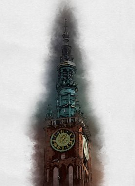 Polonya 'daki Gdansk şehrinin mimarisinin güzel bir görüntüsünün suluboya çizimi veya çizimi
