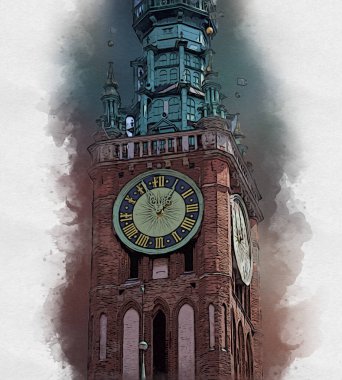 Polonya 'daki Gdansk şehrinin mimarisinin güzel bir görüntüsünün suluboya çizimi veya çizimi