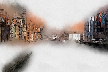 Polonya 'daki Gdansk şehrinin mimarisinin güzel bir görüntüsünün suluboya çizimi veya çizimi