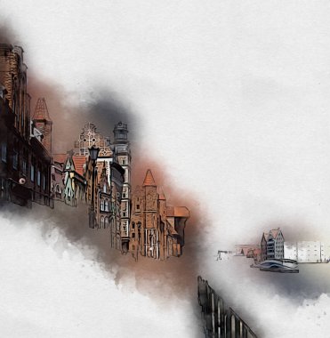 Polonya 'daki Gdansk şehrinin mimarisinin güzel bir görüntüsünün suluboya çizimi veya çizimi