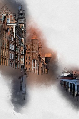 Polonya 'daki Gdansk şehrinin mimarisinin güzel bir görüntüsünün suluboya çizimi veya çizimi