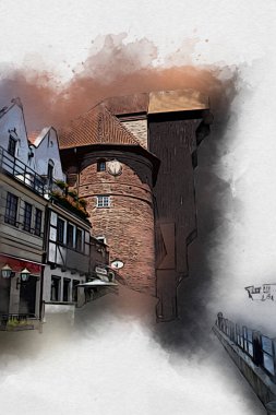 Polonya 'daki Gdansk şehrinin mimarisinin güzel bir görüntüsünün suluboya çizimi veya çizimi