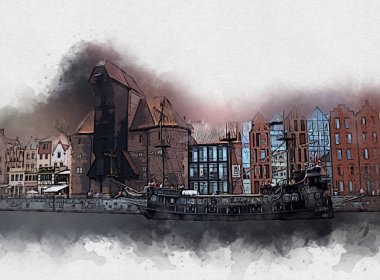 Polonya 'daki Gdansk şehrinin mimarisinin güzel bir görüntüsünün suluboya çizimi veya çizimi