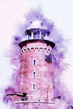 Kolobrzeg el çizimi suluboya deniz feneri illüstrasyon sanat eskizi çizimi