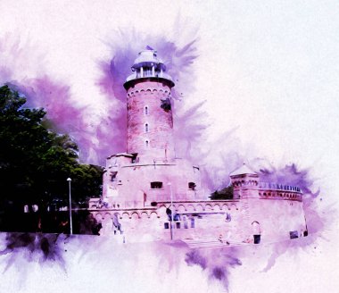 Kolobrzeg el çizimi suluboya deniz feneri illüstrasyon sanat eskizi çizimi