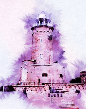 Kolobrzeg el çizimi suluboya deniz feneri illüstrasyon sanat eskizi çizimi