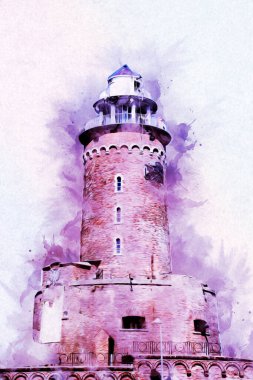 Kolobrzeg el çizimi suluboya deniz feneri illüstrasyon sanat eskizi çizimi