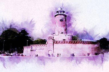 Kolobrzeg el çizimi suluboya deniz feneri illüstrasyon sanat eskizi çizimi