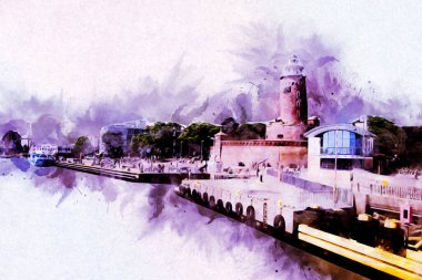 Kolobrzeg el çizimi suluboya deniz feneri illüstrasyon sanat eskizi çizimi