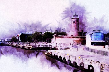 Kolobrzeg el çizimi suluboya deniz feneri illüstrasyon sanat eskizi çizimi
