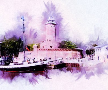 Kolobrzeg el çizimi suluboya deniz feneri illüstrasyon sanat eskizi çizimi