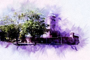 Kolobrzeg el çizimi suluboya deniz feneri illüstrasyon sanat eskizi çizimi