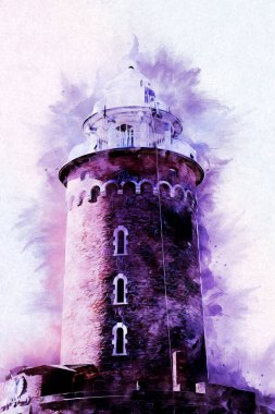 Kolobrzeg el çizimi suluboya deniz feneri illüstrasyon sanat eskizi çizimi