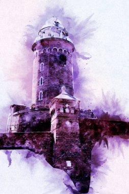 Kolobrzeg el çizimi suluboya deniz feneri illüstrasyon sanat eskizi çizimi