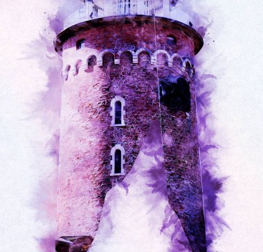 Kolobrzeg el çizimi suluboya deniz feneri illüstrasyon sanat eskizi çizimi