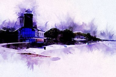 Kolobrzeg el çizimi suluboya deniz feneri illüstrasyon sanat eskizi çizimi