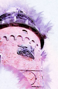Kolobrzeg el çizimi suluboya deniz feneri illüstrasyon sanat eskizi çizimi
