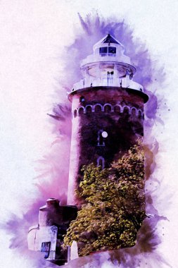 Kolobrzeg el çizimi suluboya deniz feneri illüstrasyon sanat eskizi çizimi