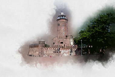 Kolobrzeg el çizimi suluboya deniz feneri illüstrasyon sanat eskizi çizimi