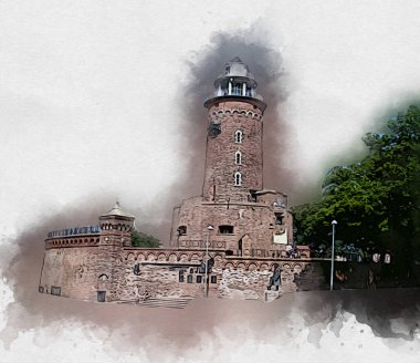 Kolobrzeg el çizimi suluboya deniz feneri illüstrasyon sanat eskizi çizimi