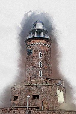 Kolobrzeg el çizimi suluboya deniz feneri illüstrasyon sanat eskizi çizimi