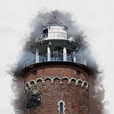 Kolobrzeg el çizimi suluboya deniz feneri illüstrasyon sanat eskizi çizimi
