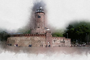 Kolobrzeg el çizimi suluboya deniz feneri illüstrasyon sanat eskizi çizimi