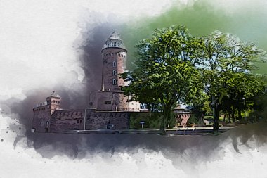 Kolobrzeg el çizimi suluboya deniz feneri illüstrasyon sanat eskizi çizimi