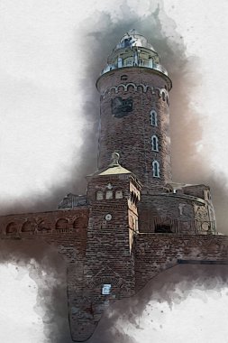 Kolobrzeg el çizimi suluboya deniz feneri illüstrasyon sanat eskizi çizimi
