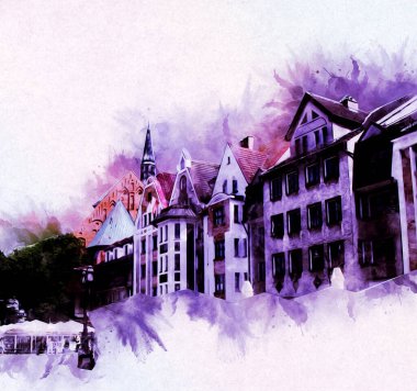 Kolobrzeg eski şehir, belediye binası, poland resim çizimi