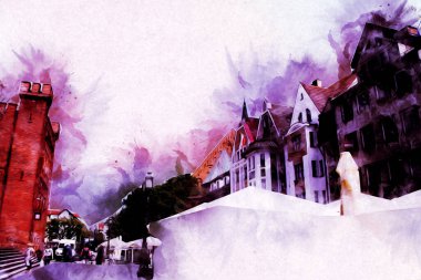 Kolobrzeg eski şehir, belediye binası, poland resim çizimi