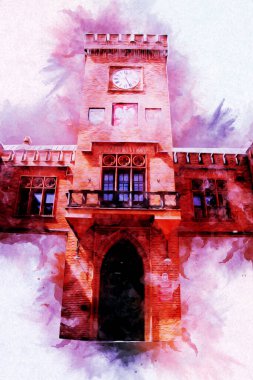 Kolobrzeg eski şehir, belediye binası, poland resim çizimi