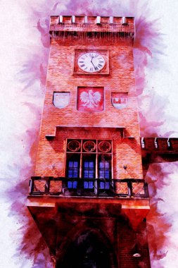 Kolobrzeg eski şehir, belediye binası, poland resim çizimi