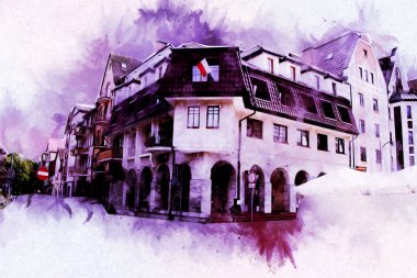 Kolobrzeg eski şehir, belediye binası, poland resim çizimi