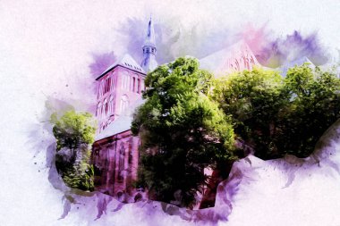 Kolobrzeg eski şehir, belediye binası, poland resim çizimi